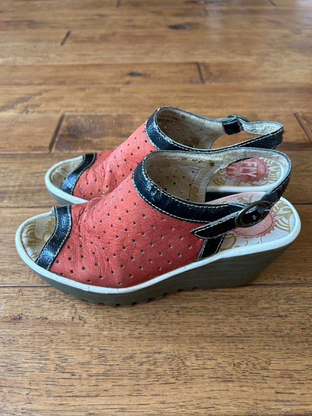 Fly London Yile Perforated Wedge Heel Sandals Red Black Size 36